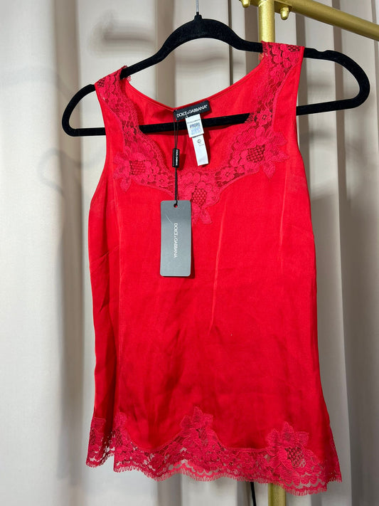 Top rouge Dolce & Gabbana femme en soie et dentelle florale, taille S, neuf avec étiquette