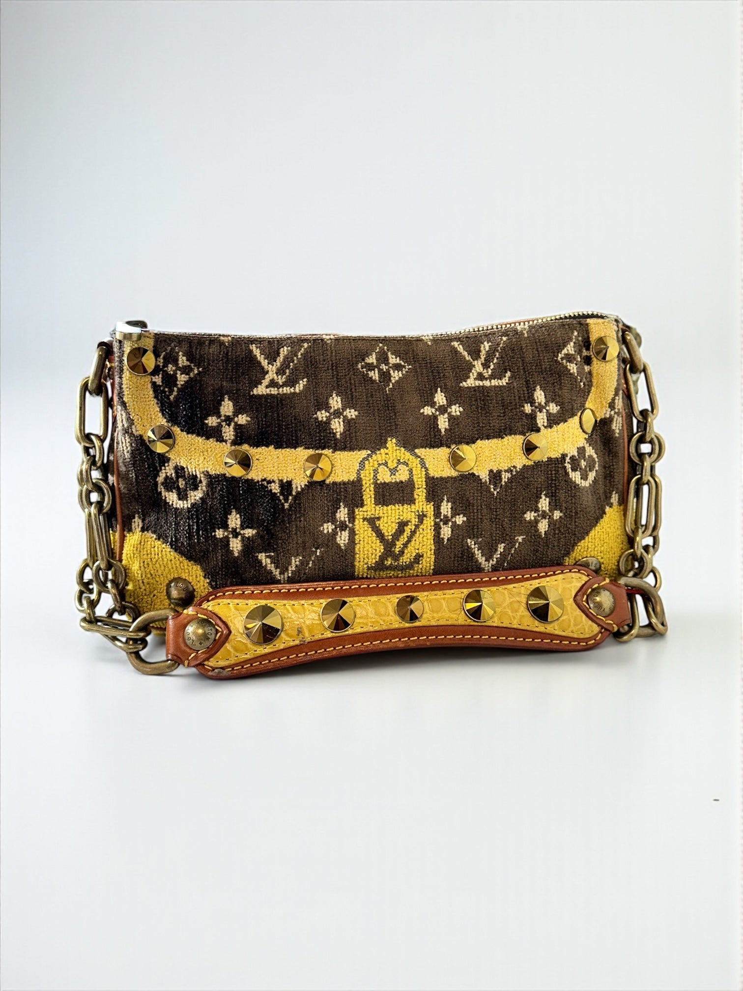 Sac Louis Vuitton Trompe-l’œil vintage 2004 en velours marron et jaune – vue avant